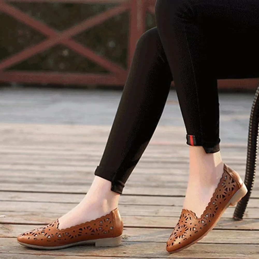 SAILING LU Women's Floral Ballet Flats for Women Black Beige Slip On Flowers Hollow Out Round Toe Dress Shoes