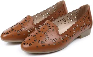 SAILING LU Women's Floral Ballet Flats for Women Black Beige Slip On Flowers Hollow Out Round Toe Dress Shoes
