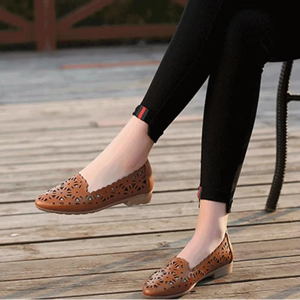 SAILING LU Women's Floral Ballet Flats for Women Black Beige Slip On Flowers Hollow Out Round Toe Dress Shoes