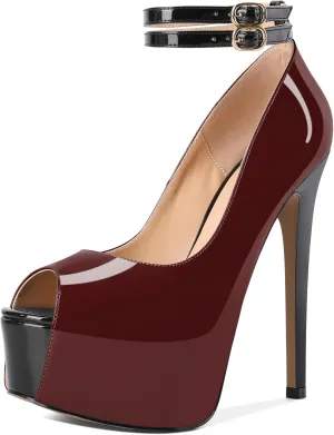 SAMMITOP Women's Peep Toe Platform Heels Double Ankle Strap Stiletto High Heel Pumps Sandals Patent Leather Wedding Bride Party Dress Shoes 6 Inch