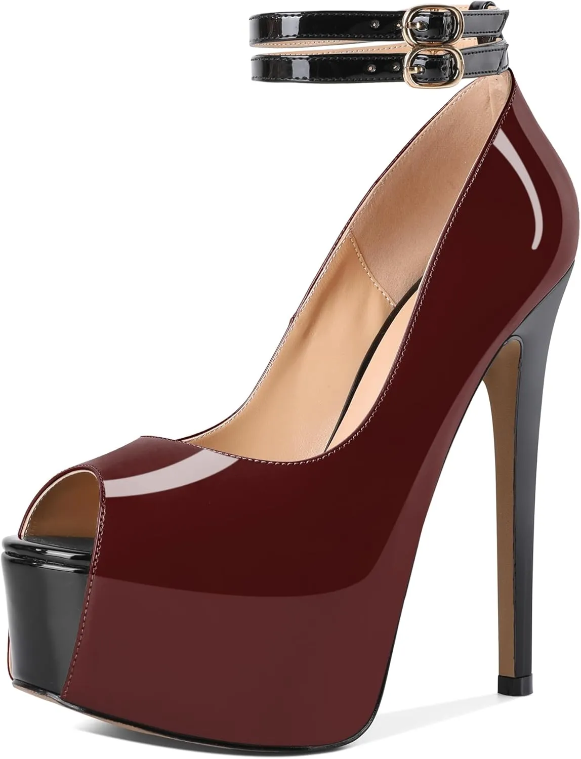 SAMMITOP Women's Peep Toe Platform Heels Double Ankle Strap Stiletto High Heel Pumps Sandals Patent Leather Wedding Bride Party Dress Shoes 6 Inch