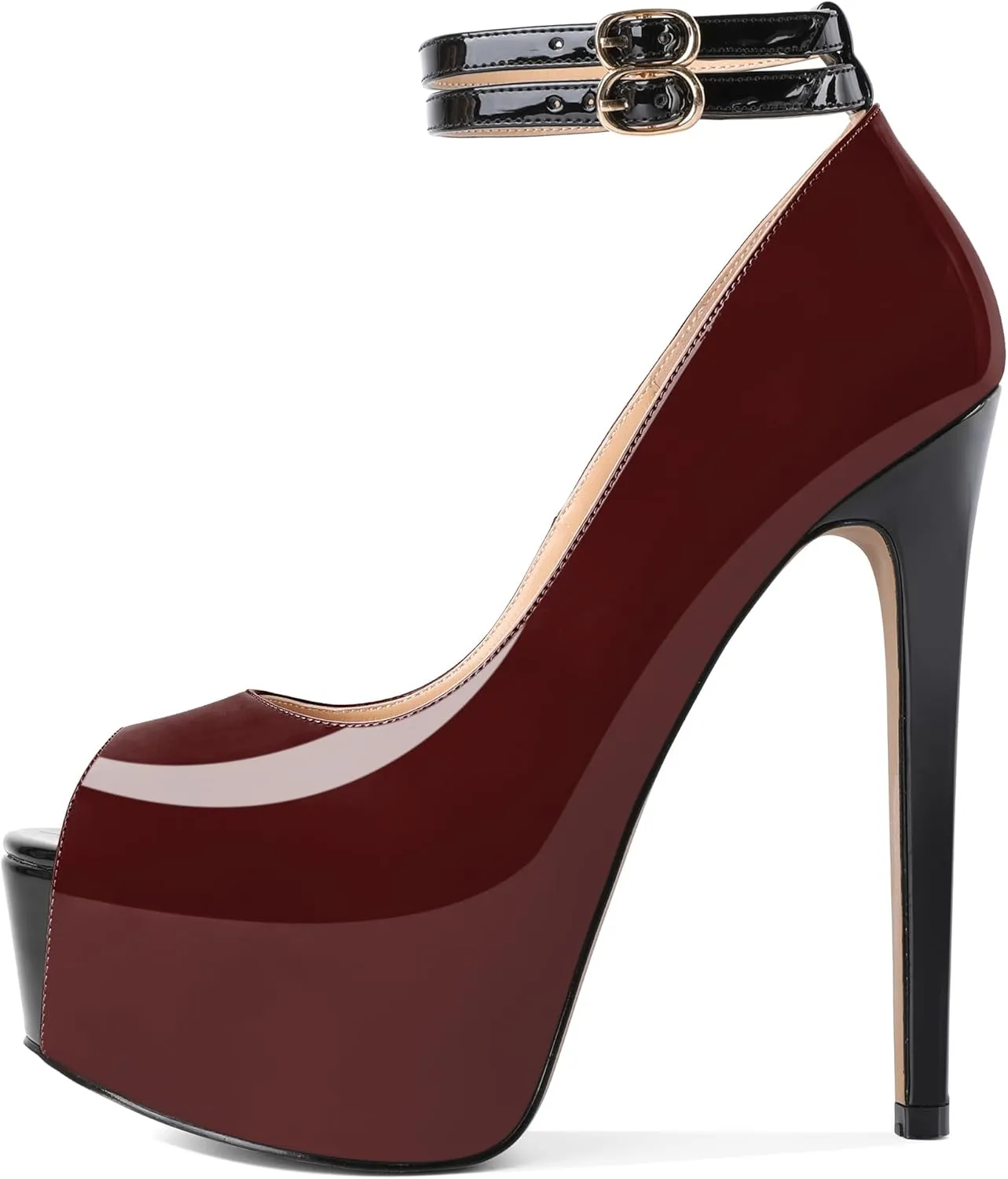 SAMMITOP Women's Peep Toe Platform Heels Double Ankle Strap Stiletto High Heel Pumps Sandals Patent Leather Wedding Bride Party Dress Shoes 6 Inch