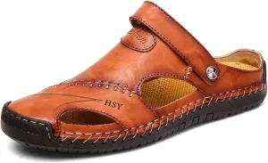 Sandals for Men Closed Toe Leather Sandals Athletic Strap Adjustable Loafers Outdoor Beach Shoes Black 38