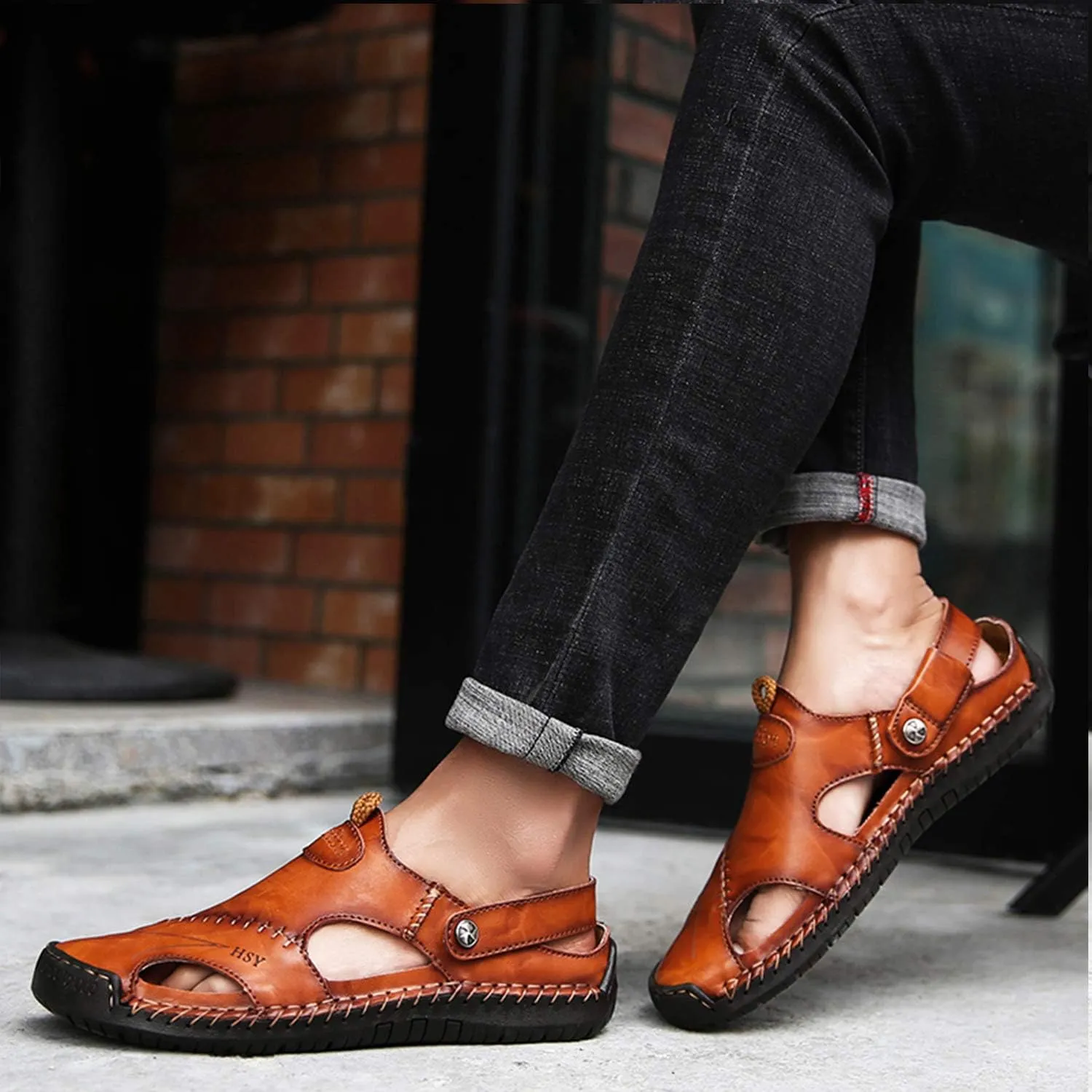 Sandals for Men Closed Toe Leather Sandals Athletic Strap Adjustable Loafers Outdoor Beach Shoes Black 38