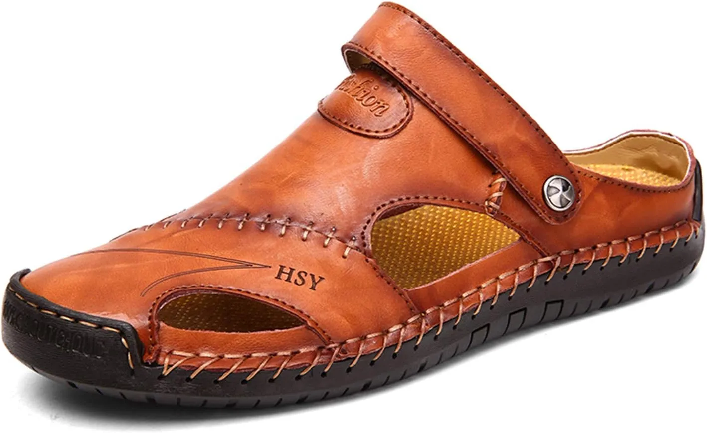 Sandals for Men Closed Toe Leather Sandals Athletic Strap Adjustable Loafers Outdoor Beach Shoes Black 38