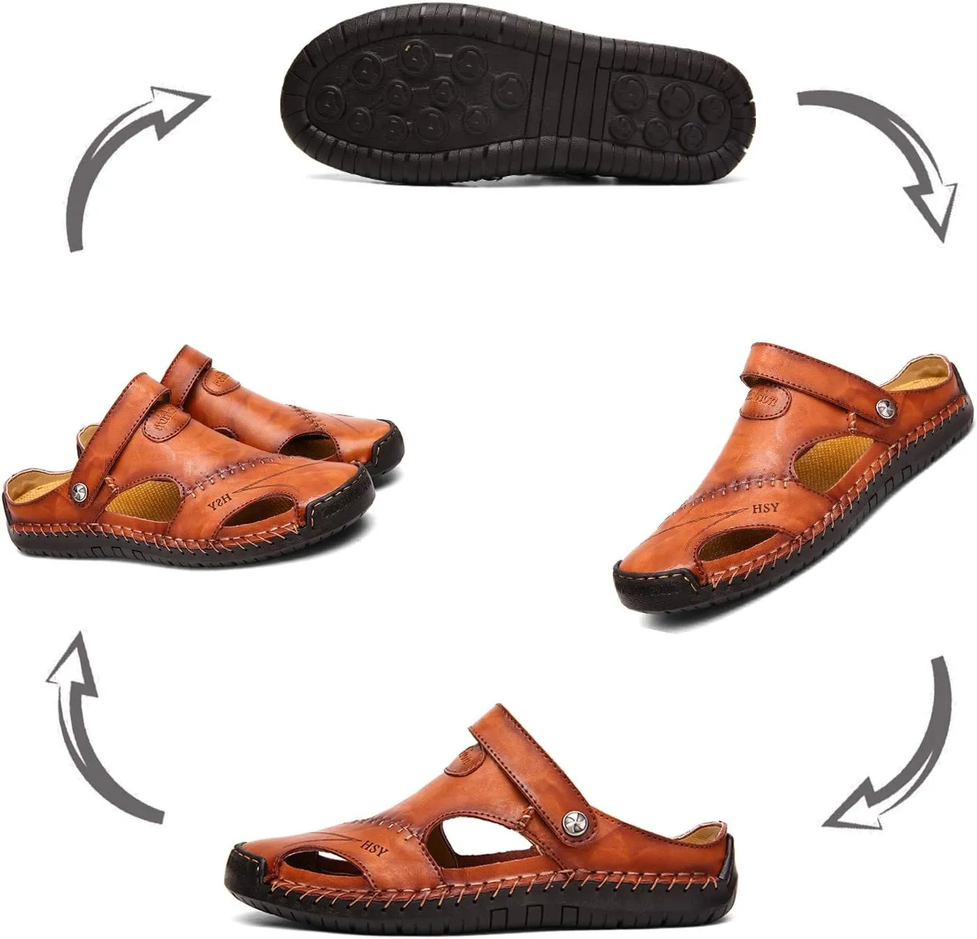 Sandals for Men Closed Toe Leather Sandals Athletic Strap Adjustable Loafers Outdoor Beach Shoes Black 38