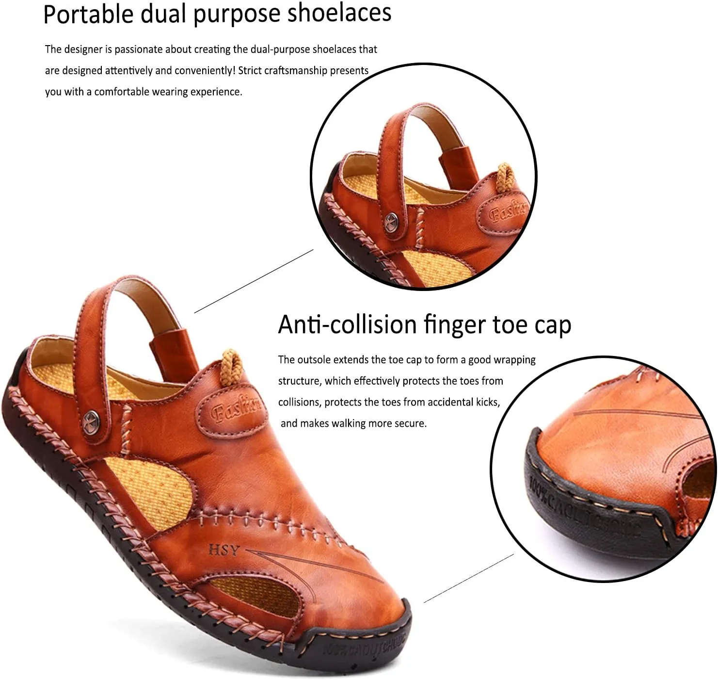 Sandals for Men Closed Toe Leather Sandals Athletic Strap Adjustable Loafers Outdoor Beach Shoes Black 38