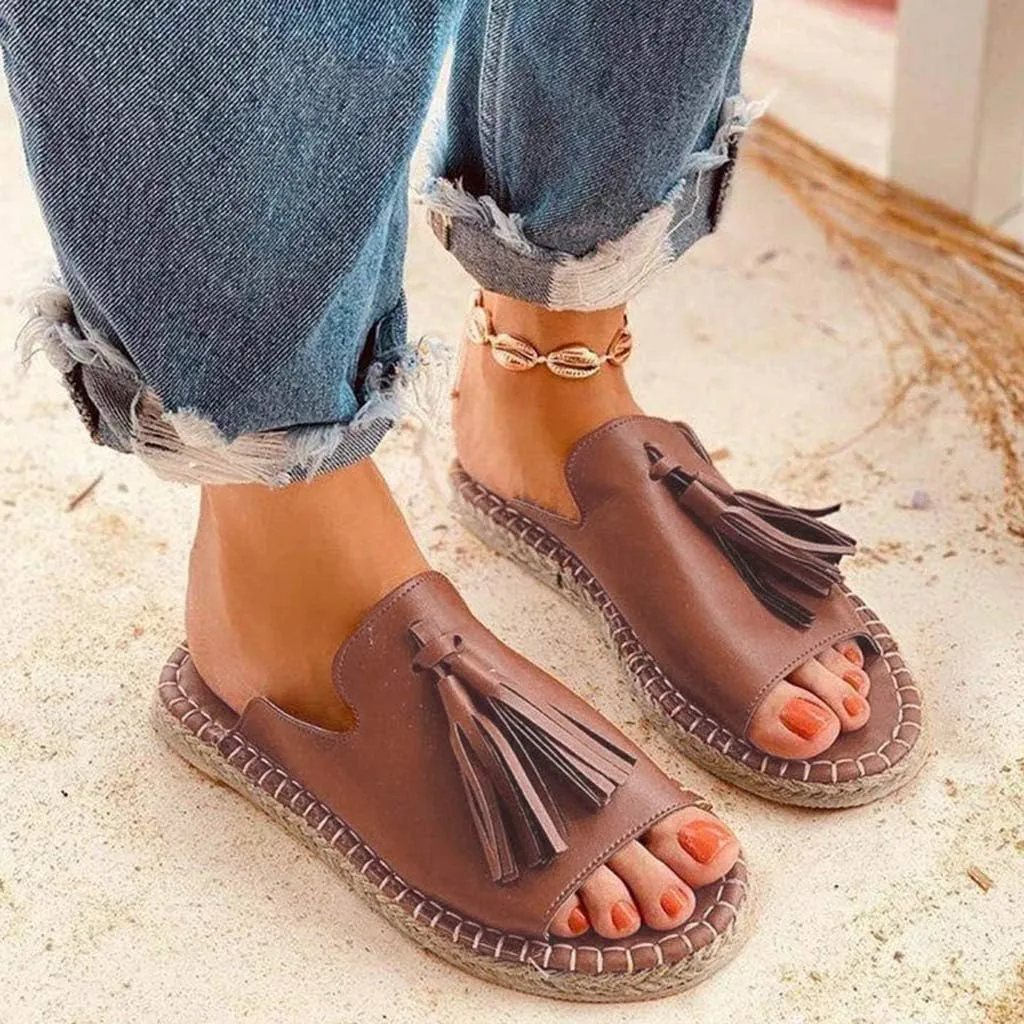 Sandals Women Dressy Summer Flat Slide Casual Espadrille Braided Tassel Hem Open toe Falt Straw Peep toe