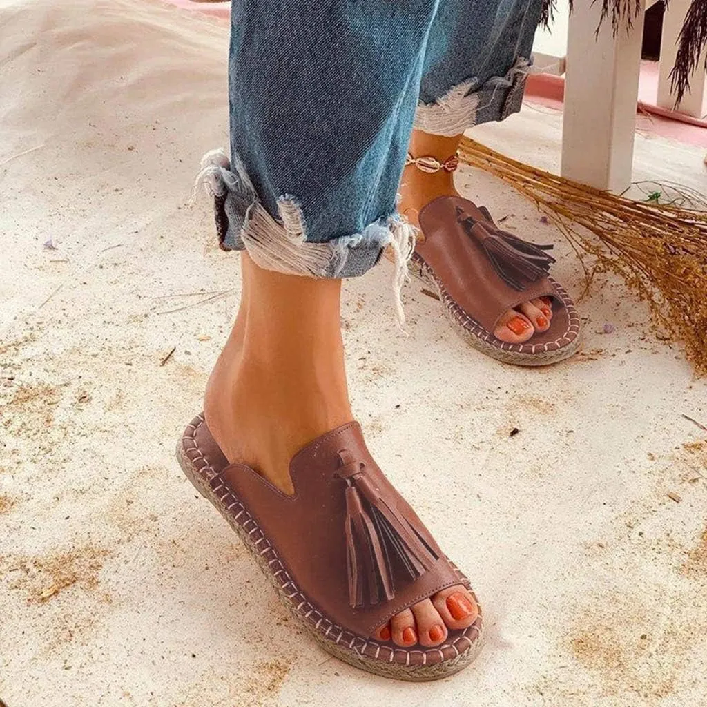 Sandals Women Dressy Summer Flat Slide Casual Espadrille Braided Tassel Hem Open toe Falt Straw Peep toe