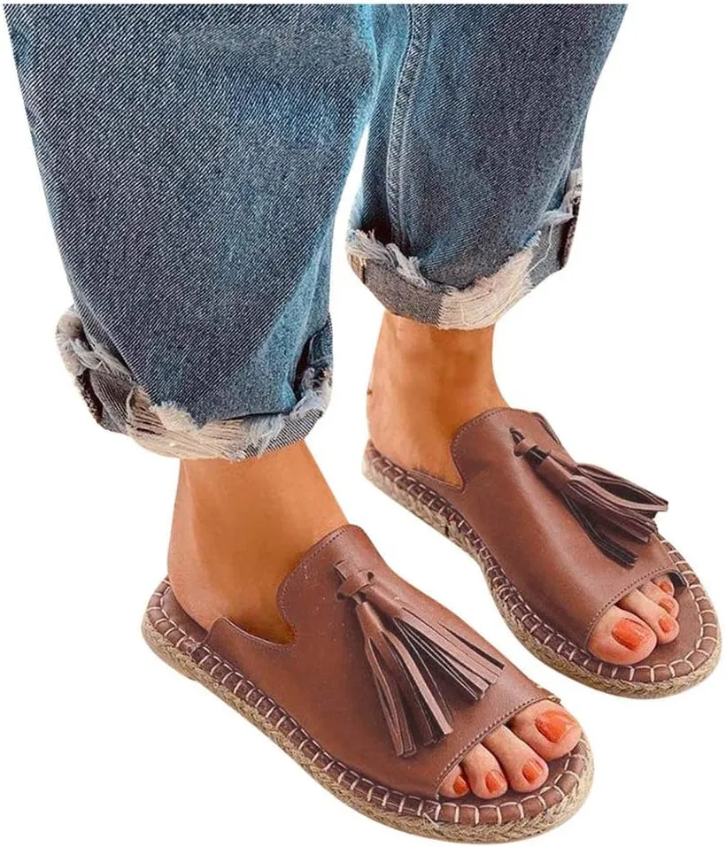 Sandals Women Dressy Summer Flat Slide Casual Espadrille Braided Tassel Hem Open toe Falt Straw Peep toe