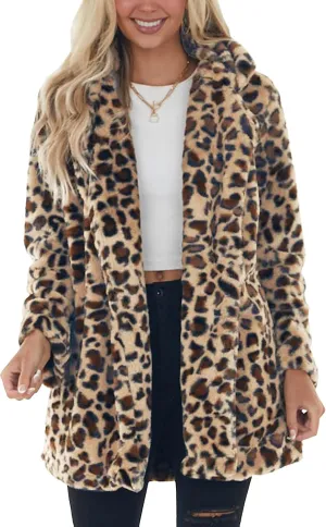 SeekMe Womens Faux Fur Coats Leopard Jackets Loose Warm Fall Winter Fluffy Jacket Outwear