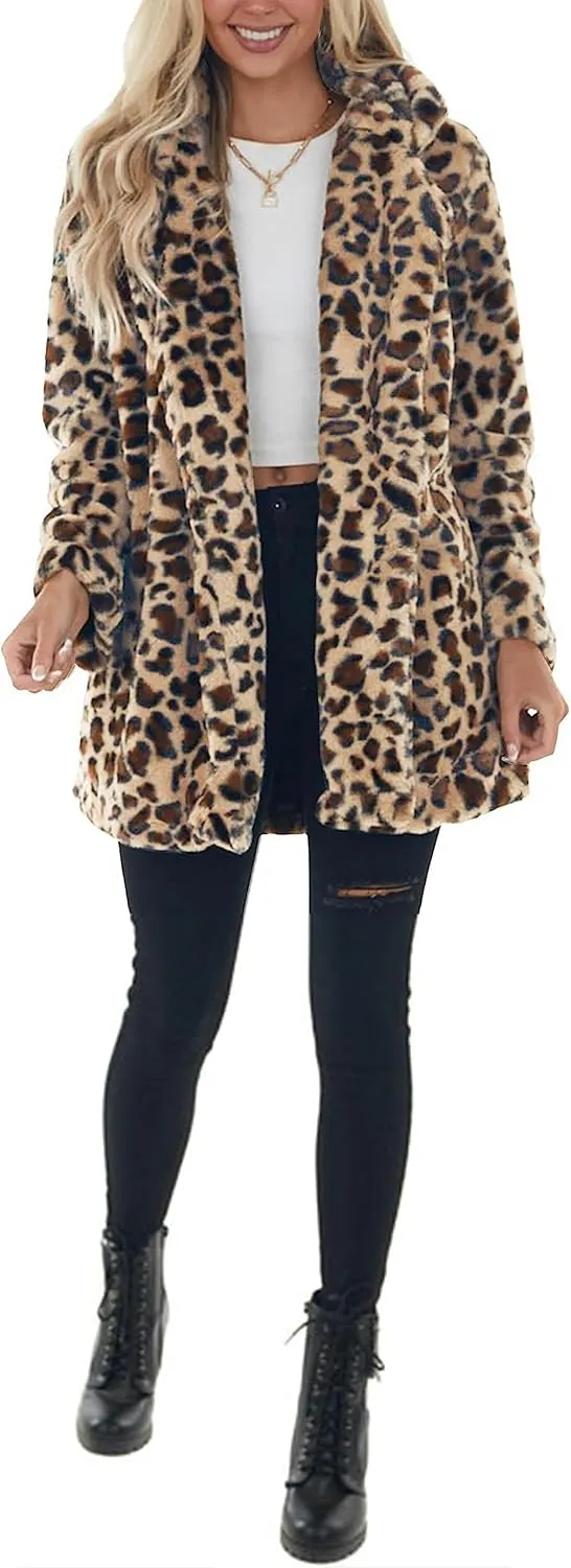 SeekMe Womens Faux Fur Coats Leopard Jackets Loose Warm Fall Winter Fluffy Jacket Outwear