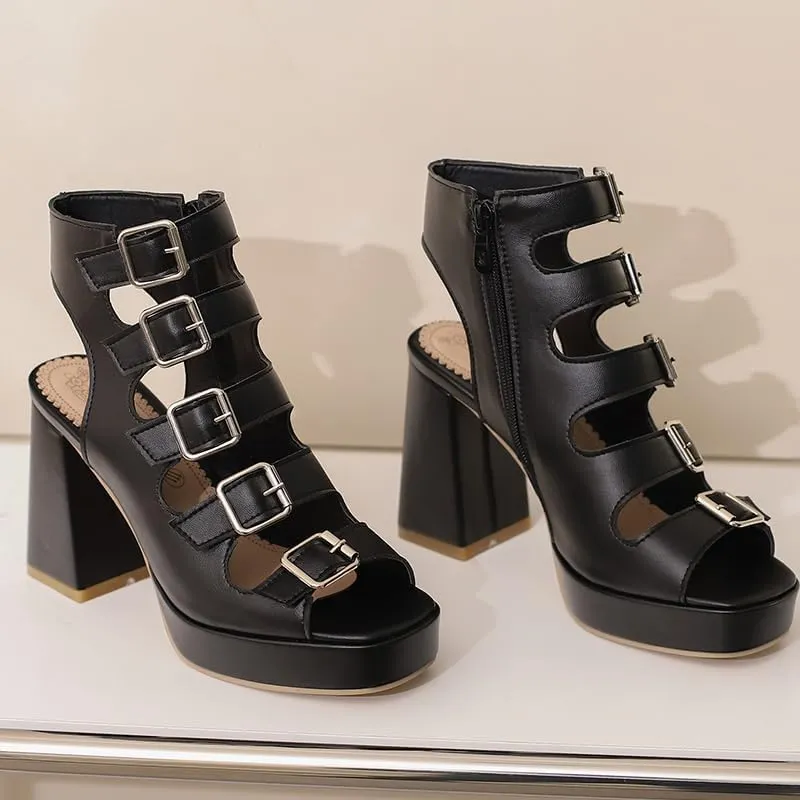 SEIFIN Women's Chunky High Heel Platform Gladiator Sandals Open Toe Strappy Multi Buckle Goth Roman Sandals Fashion Party Dress Punk Summer Caged Shoes Side Zipper
