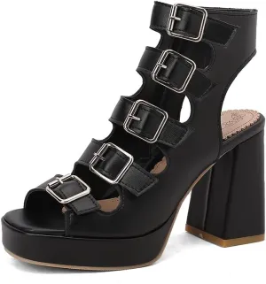 SEIFIN Women's Chunky High Heel Platform Gladiator Sandals Open Toe Strappy Multi Buckle Goth Roman Sandals Fashion Party Dress Punk Summer Caged Shoes Side Zipper