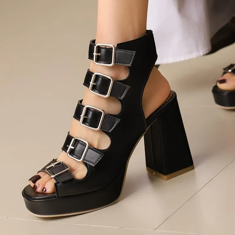 SEIFIN Women's Chunky High Heel Platform Gladiator Sandals Open Toe Strappy Multi Buckle Goth Roman Sandals Fashion Party Dress Punk Summer Caged Shoes Side Zipper