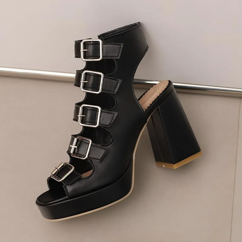 SEIFIN Women's Chunky High Heel Platform Gladiator Sandals Open Toe Strappy Multi Buckle Goth Roman Sandals Fashion Party Dress Punk Summer Caged Shoes Side Zipper