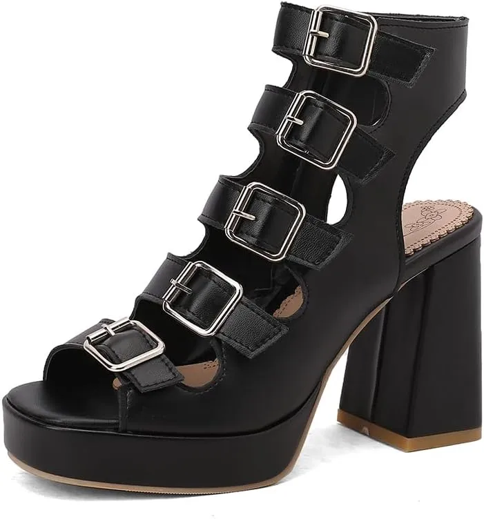 SEIFIN Women's Chunky High Heel Platform Gladiator Sandals Open Toe Strappy Multi Buckle Goth Roman Sandals Fashion Party Dress Punk Summer Caged Shoes Side Zipper