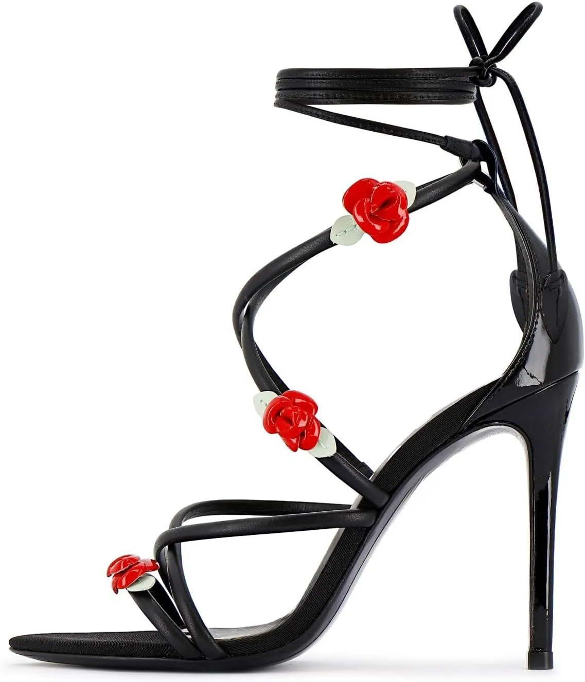 sexytag Floral Ankle Strappy Lace Up Stiletto Heeled Sandals Open Toe Rose Flower Party Wedding Date Dress Shoes