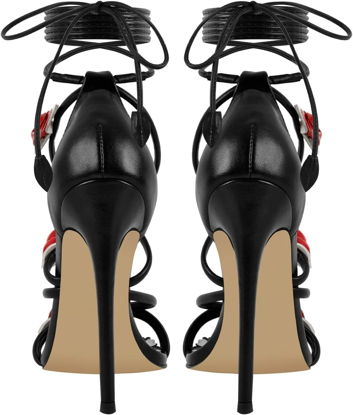 sexytag Floral Ankle Strappy Lace Up Stiletto Heeled Sandals Open Toe Rose Flower Party Wedding Date Dress Shoes