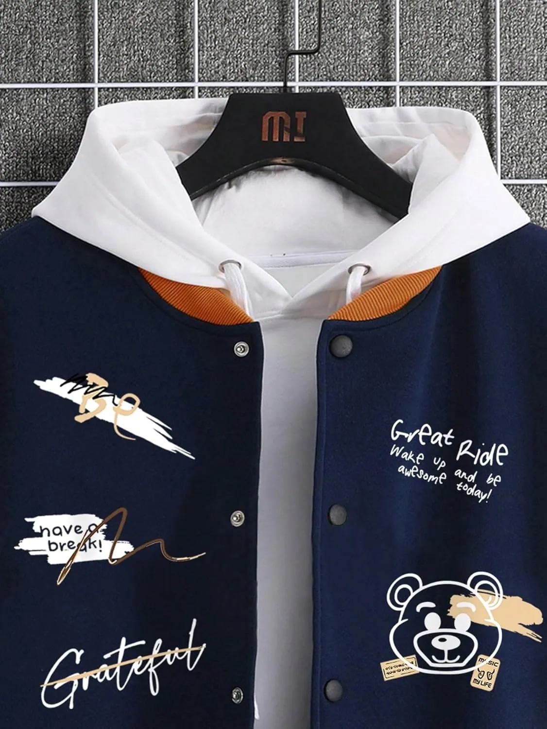 SHENHE Men's Slogan Graphic Button Down Varsity Jacket Baseball Bomber Jackets