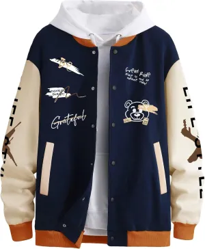 SHENHE Men's Slogan Graphic Button Down Varsity Jacket Baseball Bomber Jackets