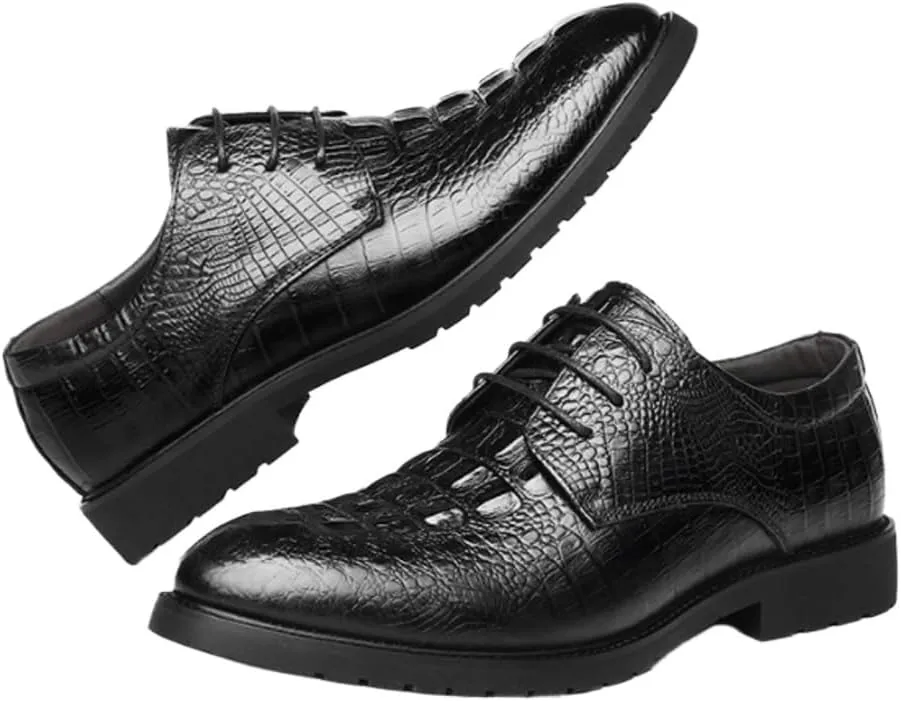 Shoes Dress Oxford for Men Lace Up Crocodile Print Shoes PU Leather Anti-slip Rubber Sole Non Slip Block Heel Business Father Husband Gift