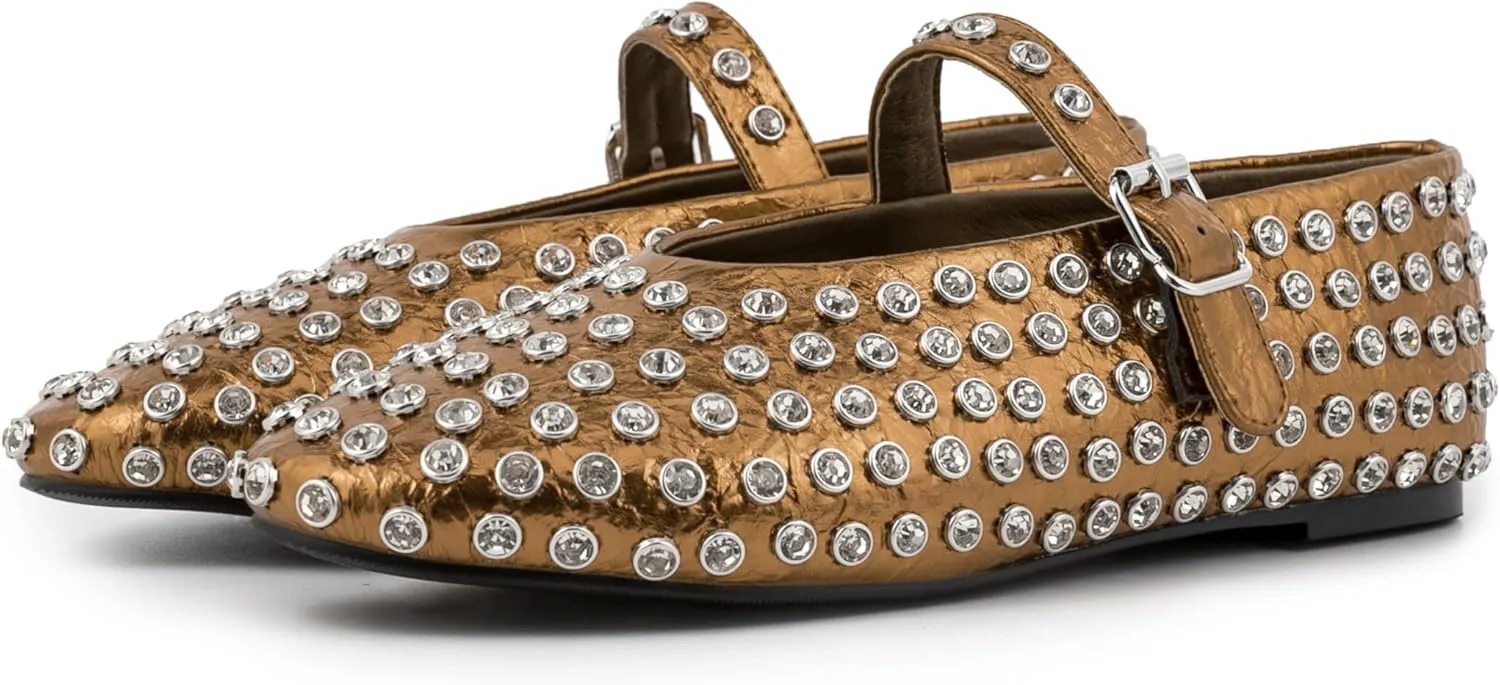 Silver Flats for Women Rhinestone Round Toe Ballet Flats Shoes Women Rubber Sole Casual Dress Up