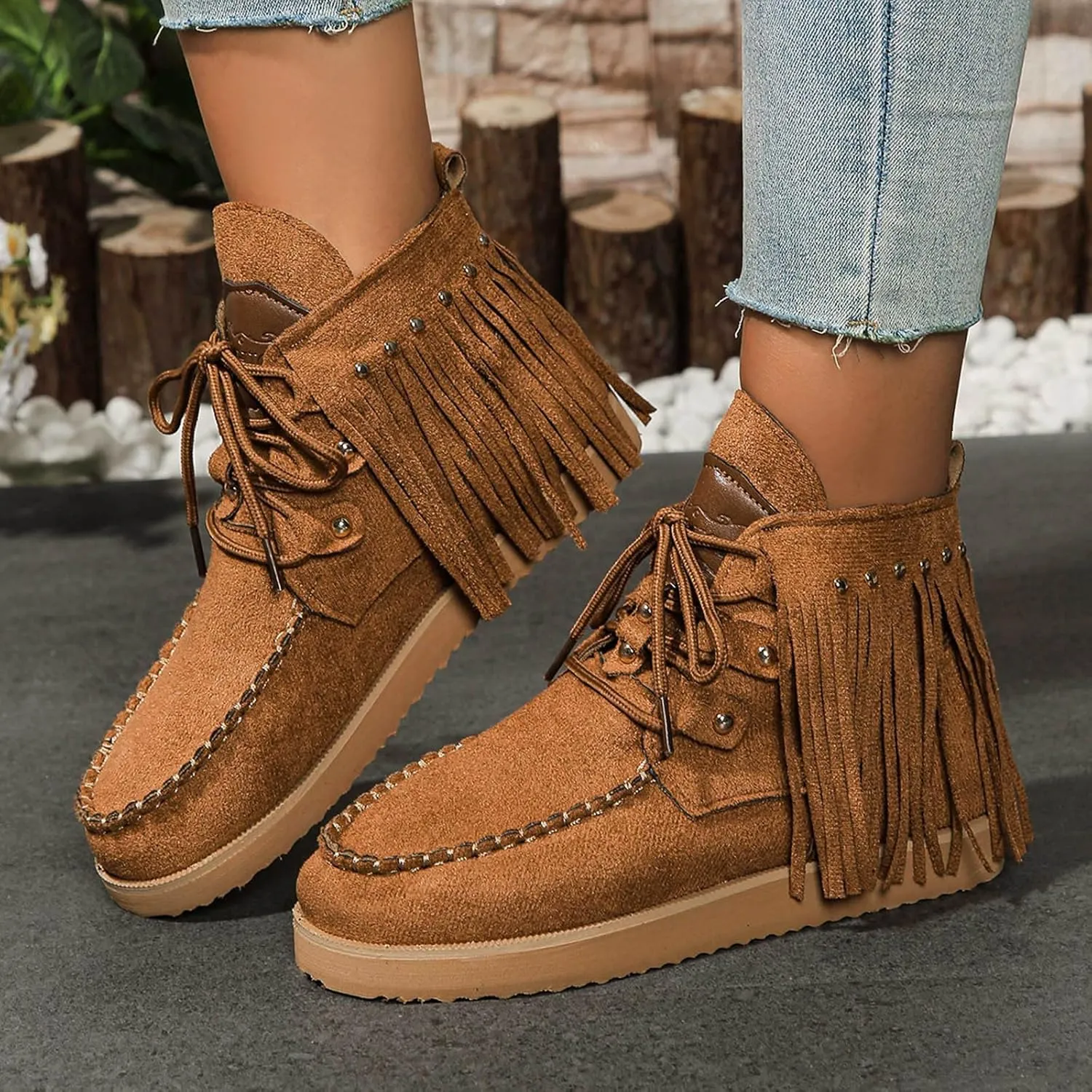 Sinzelimin Women Cowboy Boots Trendy Flock Tassels Lace up Ankle Boot Comfy Platform Walking Shoes, Fall Boots for Women 2024