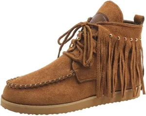 Sinzelimin Women Cowboy Boots Trendy Flock Tassels Lace up Ankle Boot Comfy Platform Walking Shoes, Fall Boots for Women 2024