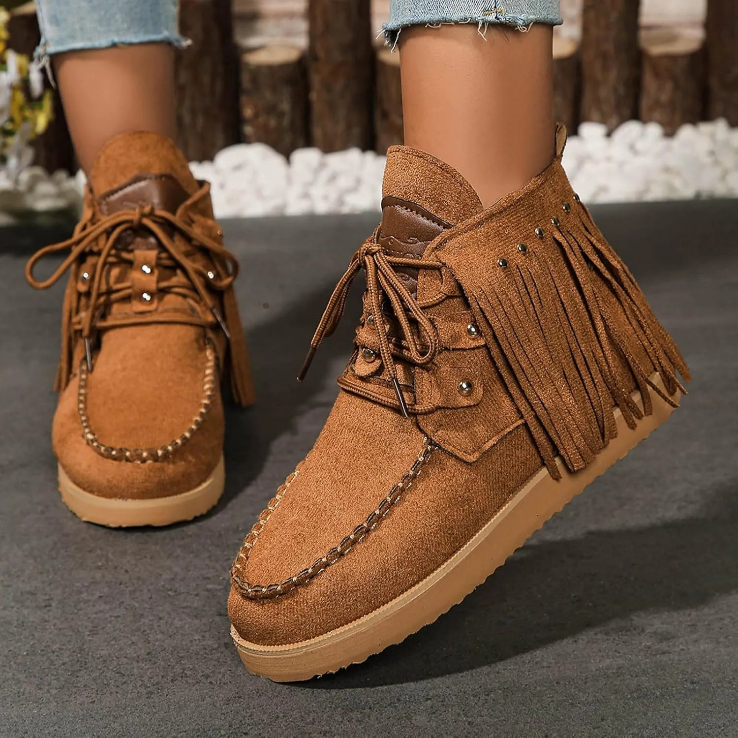 Sinzelimin Women Cowboy Boots Trendy Flock Tassels Lace up Ankle Boot Comfy Platform Walking Shoes, Fall Boots for Women 2024