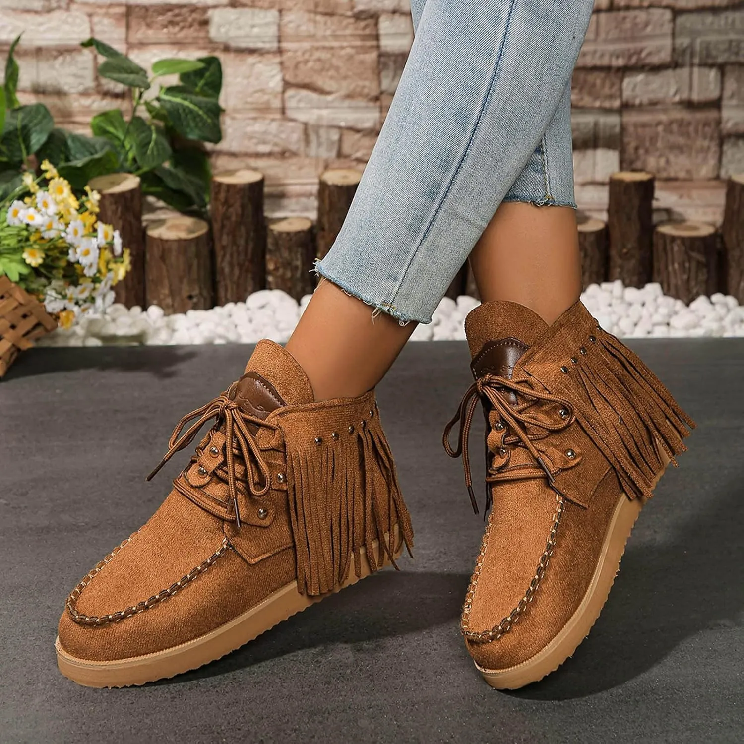 Sinzelimin Women Cowboy Boots Trendy Flock Tassels Lace up Ankle Boot Comfy Platform Walking Shoes, Fall Boots for Women 2024