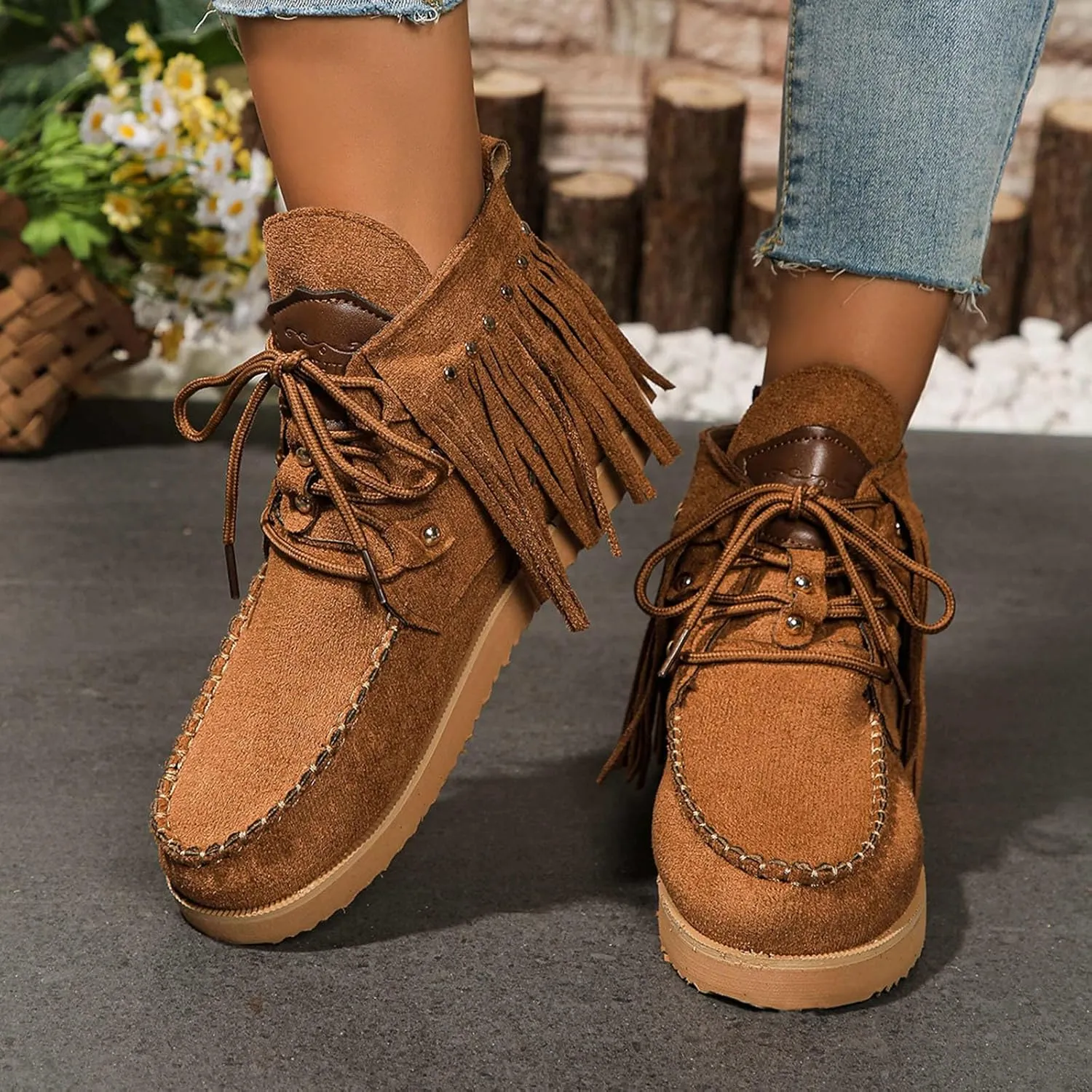 Sinzelimin Women Cowboy Boots Trendy Flock Tassels Lace up Ankle Boot Comfy Platform Walking Shoes, Fall Boots for Women 2024