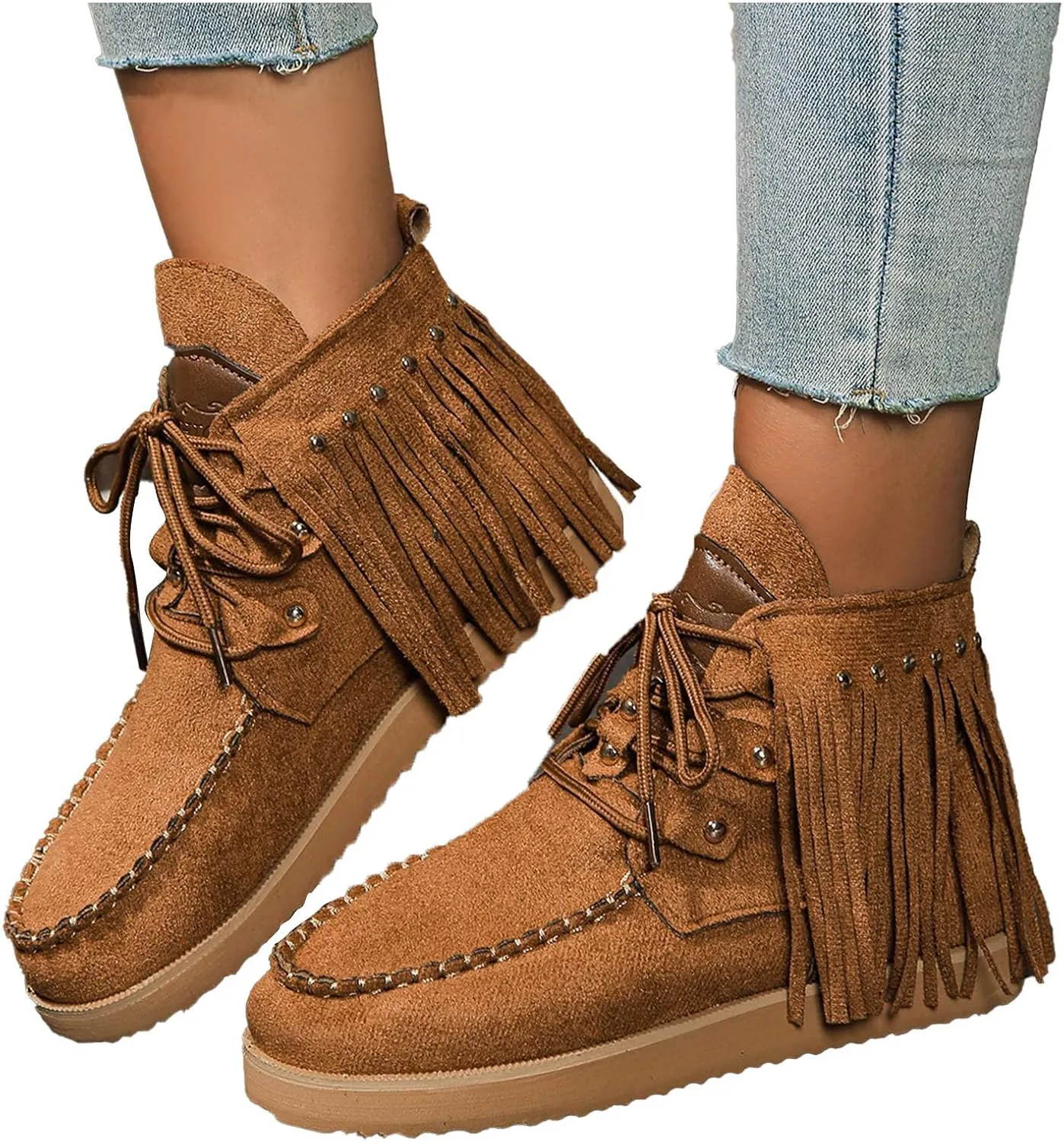 Sinzelimin Women Cowboy Boots Trendy Flock Tassels Lace up Ankle Boot Comfy Platform Walking Shoes, Fall Boots for Women 2024