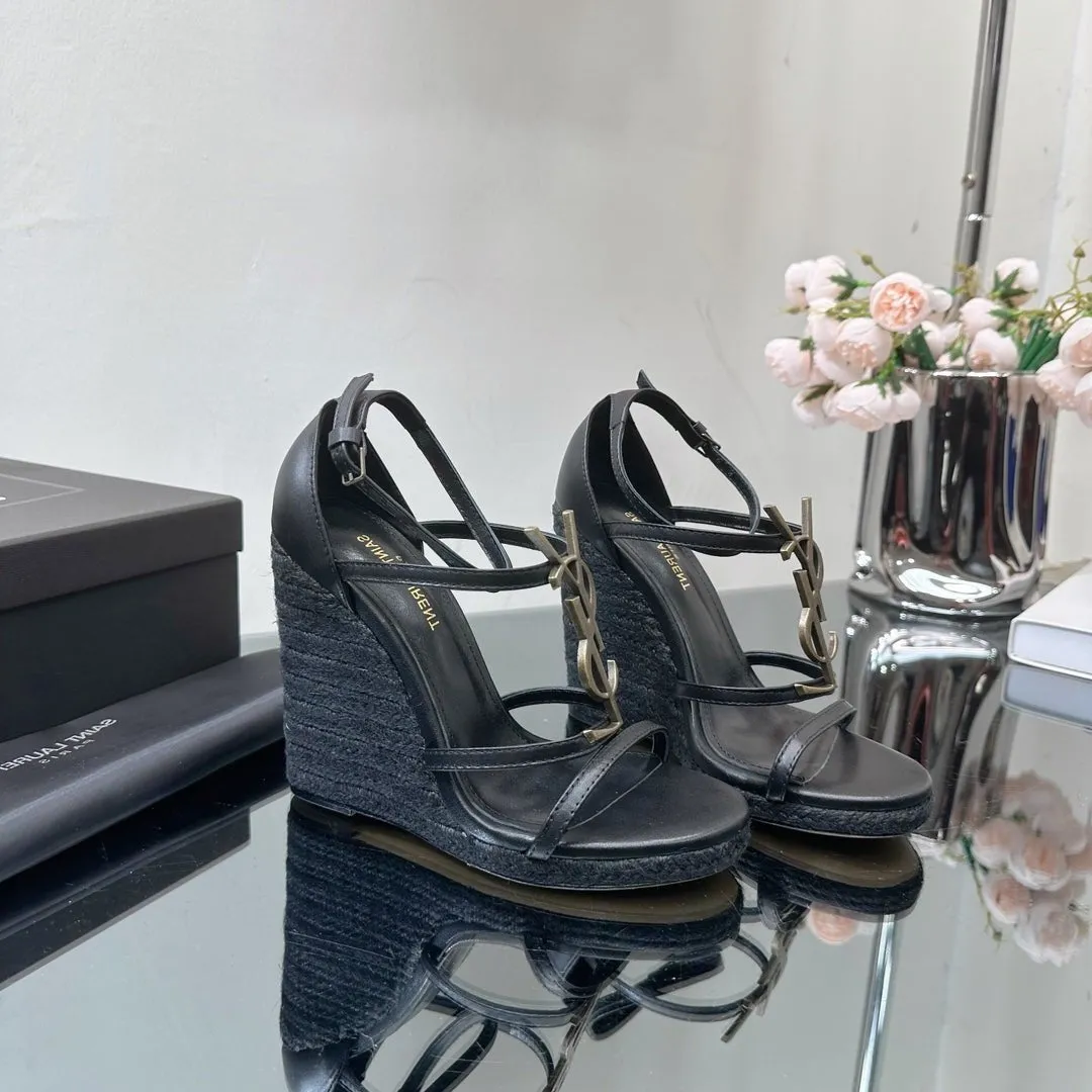 SL CASSANDRA WEDGE ESPADRILLES BLACK CALFSKIN