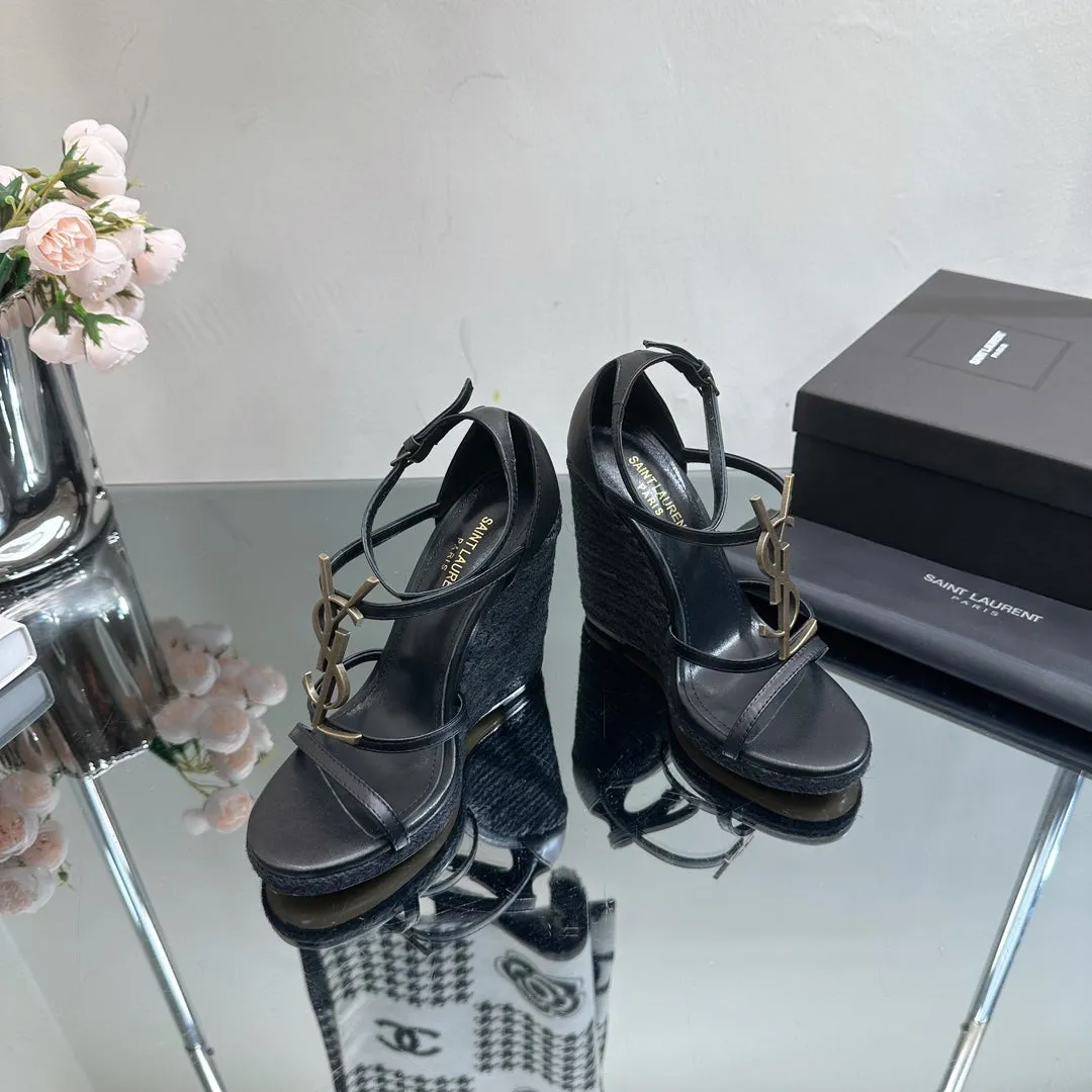 SL CASSANDRA WEDGE ESPADRILLES BLACK CALFSKIN