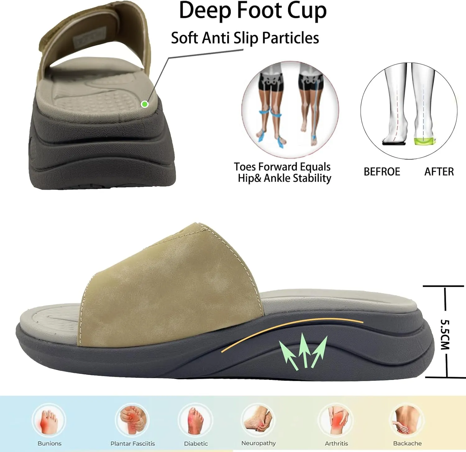 Slide Sandals for Women with Adjustable Width Arch Support Orthotic for Plantar Fasciitis Swollen Feet Pain Relief Neuropathy