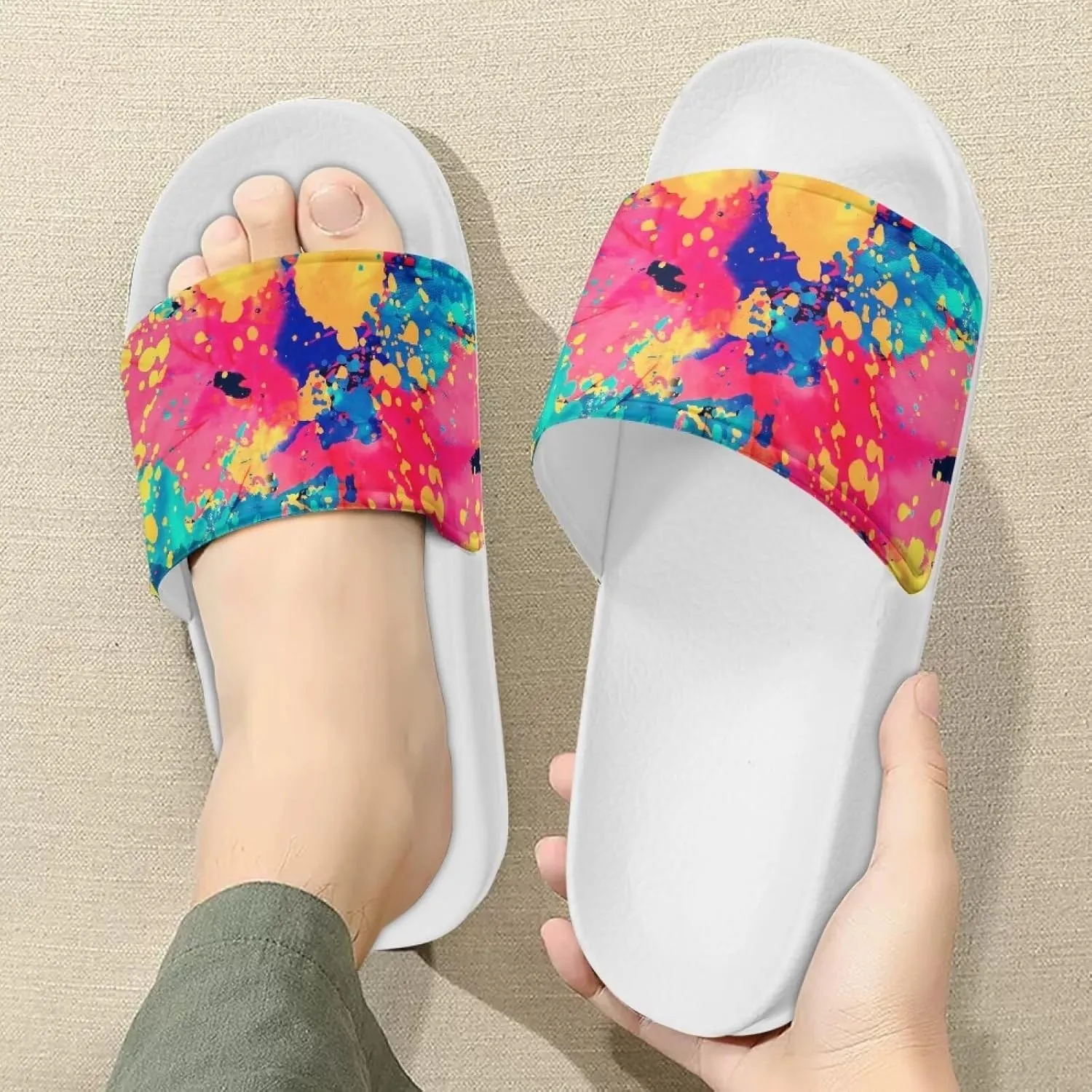 Slide Sandals for Womens Ultra Cushion White Flat Shoes Anti-Slip Sole Leather Sandals Cozy Slippers Wide Width Shower Shoes Quick Drying