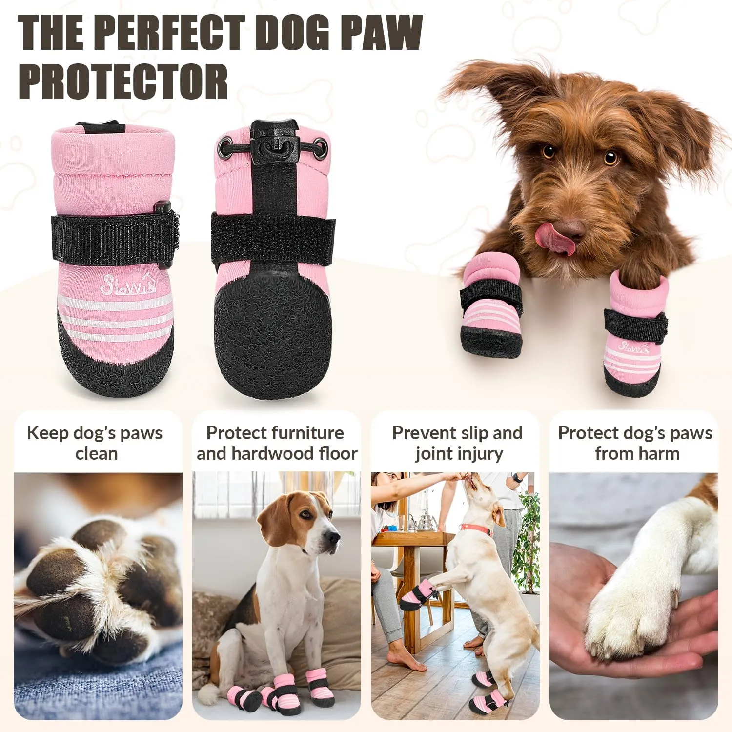 SlowTon Dog Shoes for Medium Large Dogs - Water Resistant Anti-Slip Dog Boots for Hot Pavement Rain Snow,Reflective Dog Paw Protectors for Outdoor Walking, Indoor Hardfloors(Pink,1)