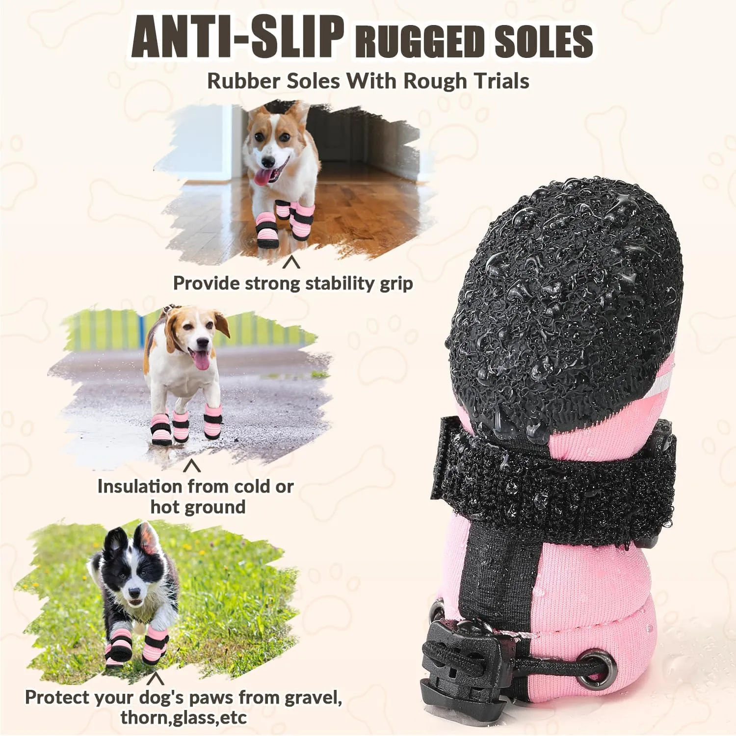 SlowTon Dog Shoes for Medium Large Dogs - Water Resistant Anti-Slip Dog Boots for Hot Pavement Rain Snow,Reflective Dog Paw Protectors for Outdoor Walking, Indoor Hardfloors(Pink,1)