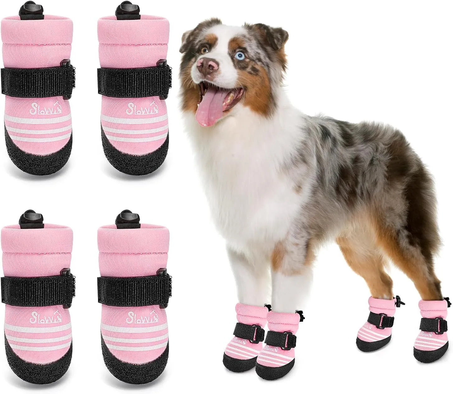 SlowTon Dog Shoes for Medium Large Dogs - Water Resistant Anti-Slip Dog Boots for Hot Pavement Rain Snow,Reflective Dog Paw Protectors for Outdoor Walking, Indoor Hardfloors(Pink,1)