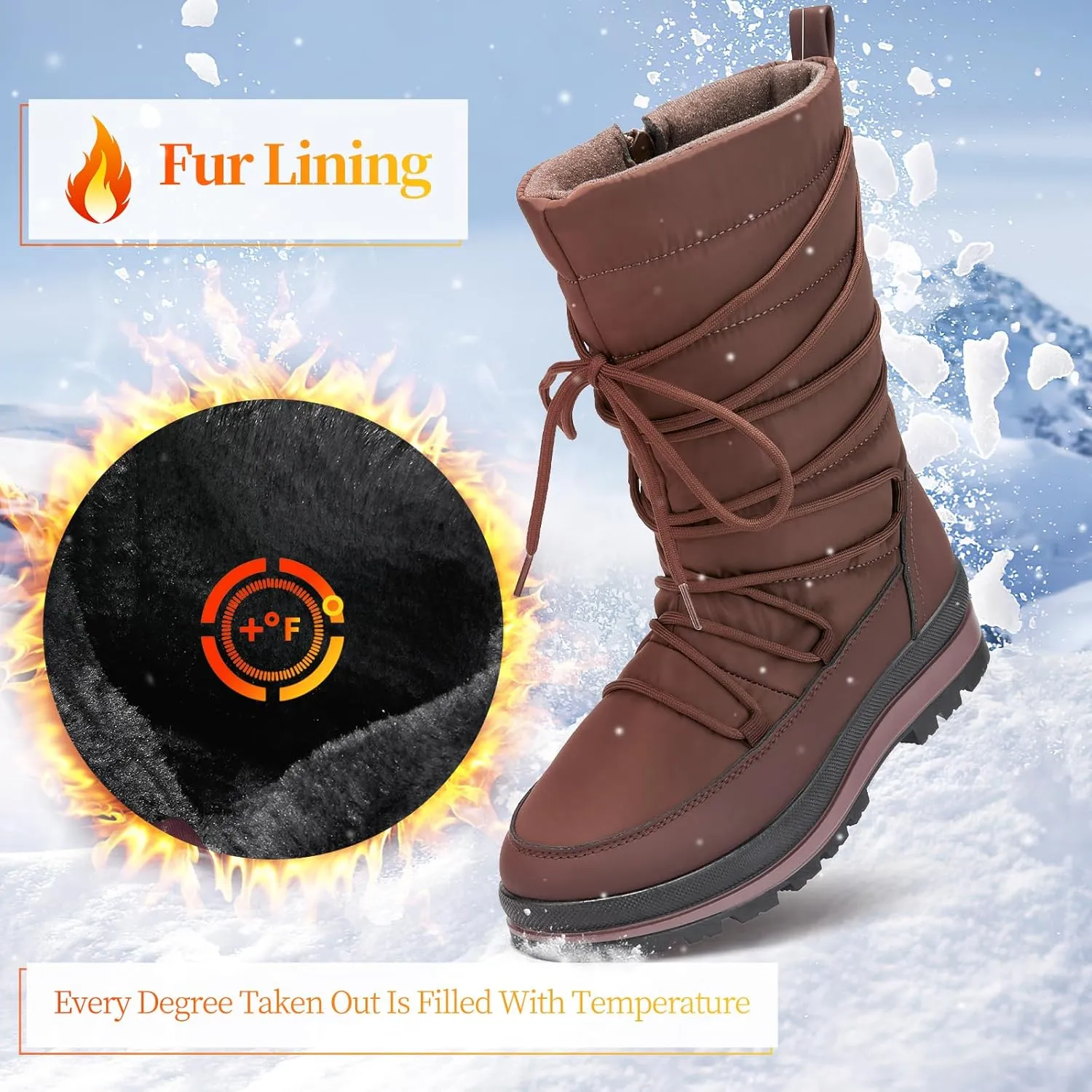 Snow Boots for Women Fur Winter Boots Waterproof Ski Boots Women's Mid Calf Boots Furry White Lace up Boots with Zipper