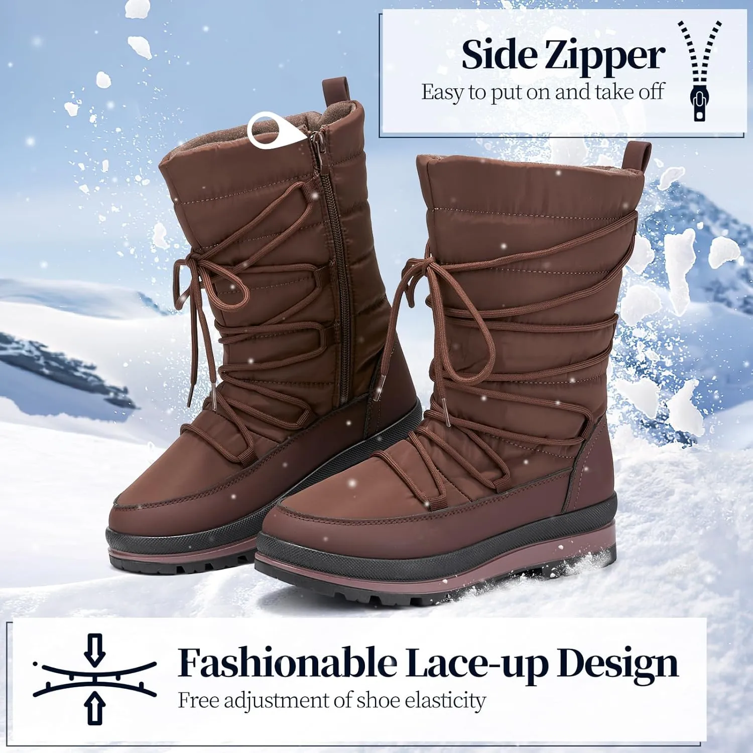 Snow Boots for Women Fur Winter Boots Waterproof Ski Boots Women's Mid Calf Boots Furry White Lace up Boots with Zipper