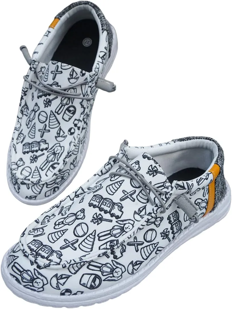 Sporty Girl's Lovely Toys Pattern Print Canvas Loafers Elastic Strips Closure Slip-on Sneakers Comfort Easy-Walk Lightweight Breathable Boat Shoes for Women/Men Adults/Teenagers, Couple Shoes, White