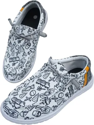 Sporty Girl's Lovely Toys Pattern Print Canvas Loafers Elastic Strips Closure Slip-on Sneakers Comfort Easy-Walk Lightweight Breathable Boat Shoes for Women/Men Adults/Teenagers, Couple Shoes, White
