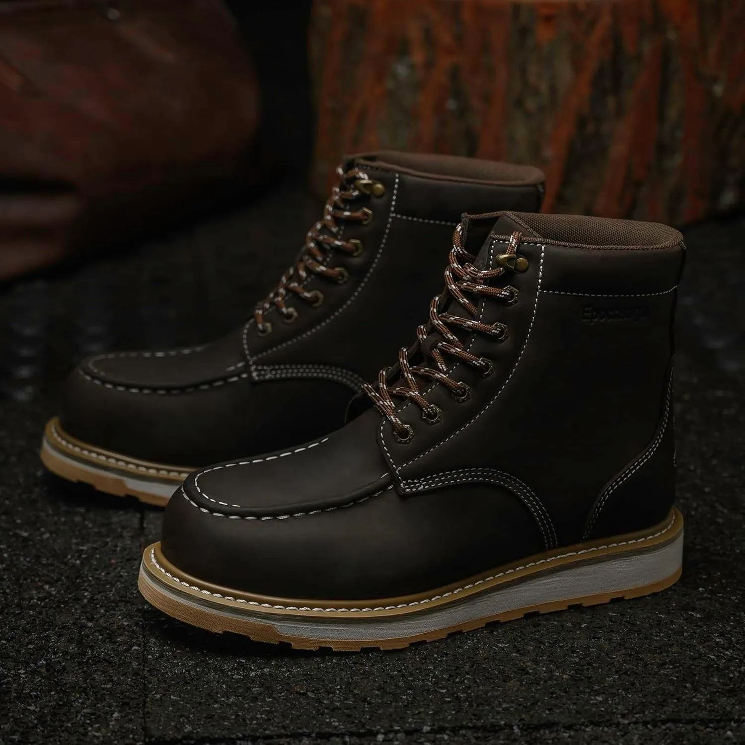 Steel Moc Toe Waterproof Safety Work Boots For Men,Fashion Classic Insulated Industrial Construction Ankle Shoes Dark Brown 6 Inch Footwear