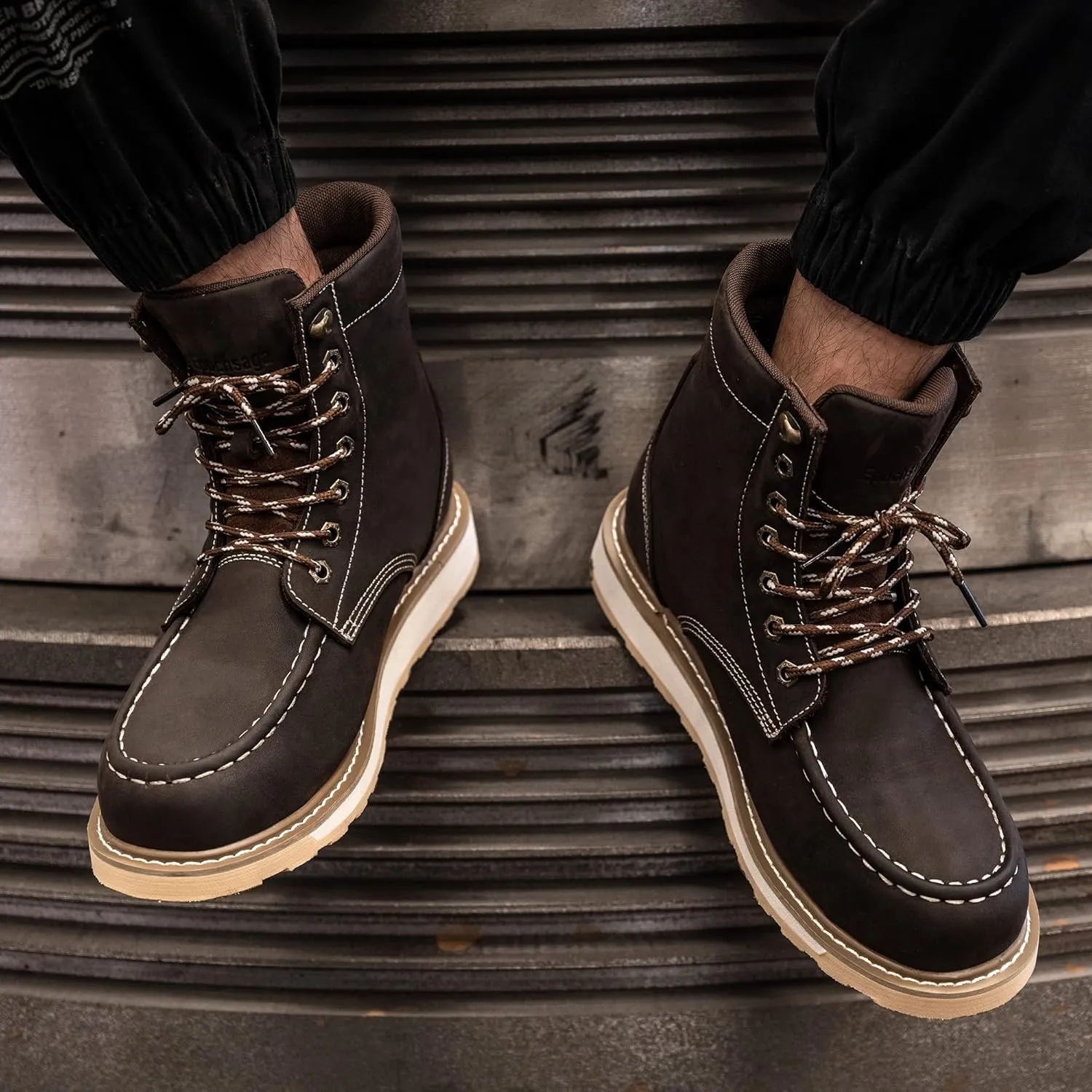 Steel Moc Toe Waterproof Safety Work Boots For Men,Fashion Classic Insulated Industrial Construction Ankle Shoes Dark Brown 6 Inch Footwear