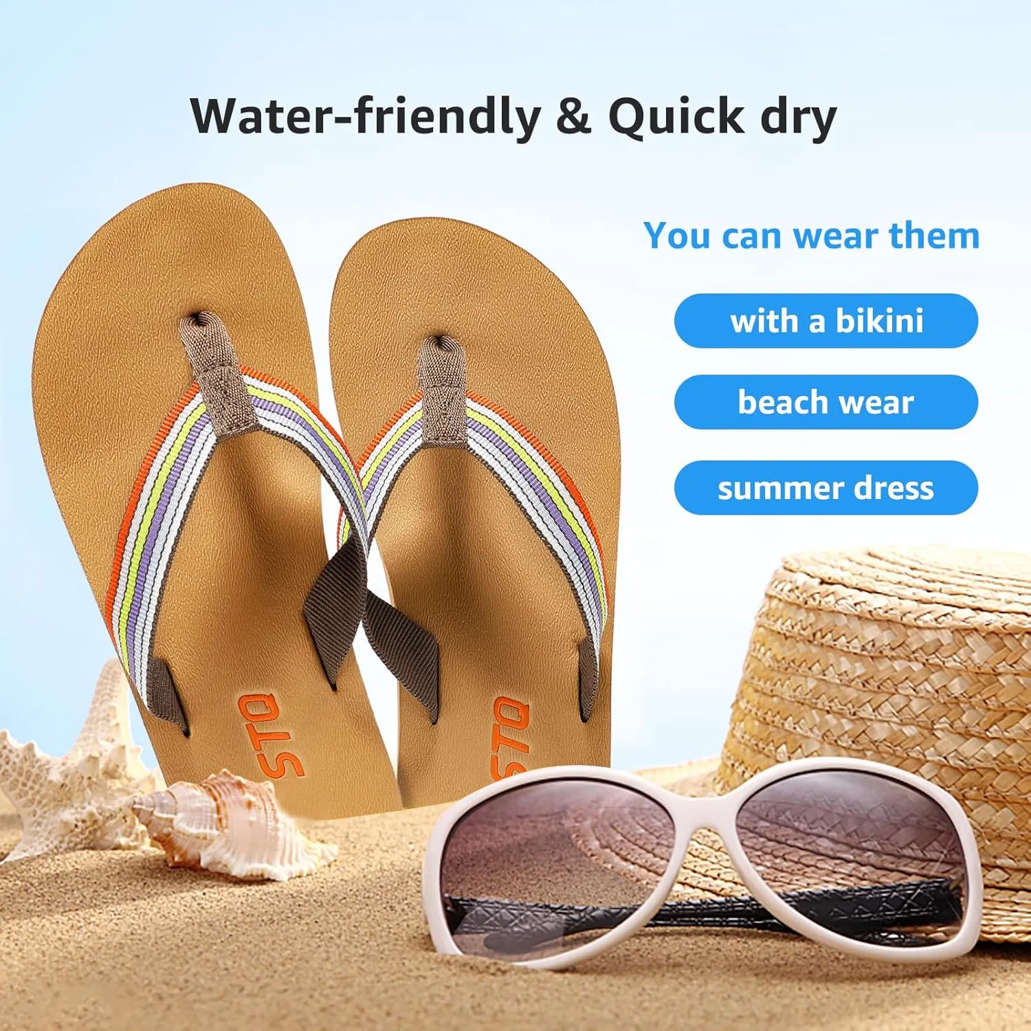 STQ Womens Quick Dry Flip Flops丨Arch Support Thong Sandals
