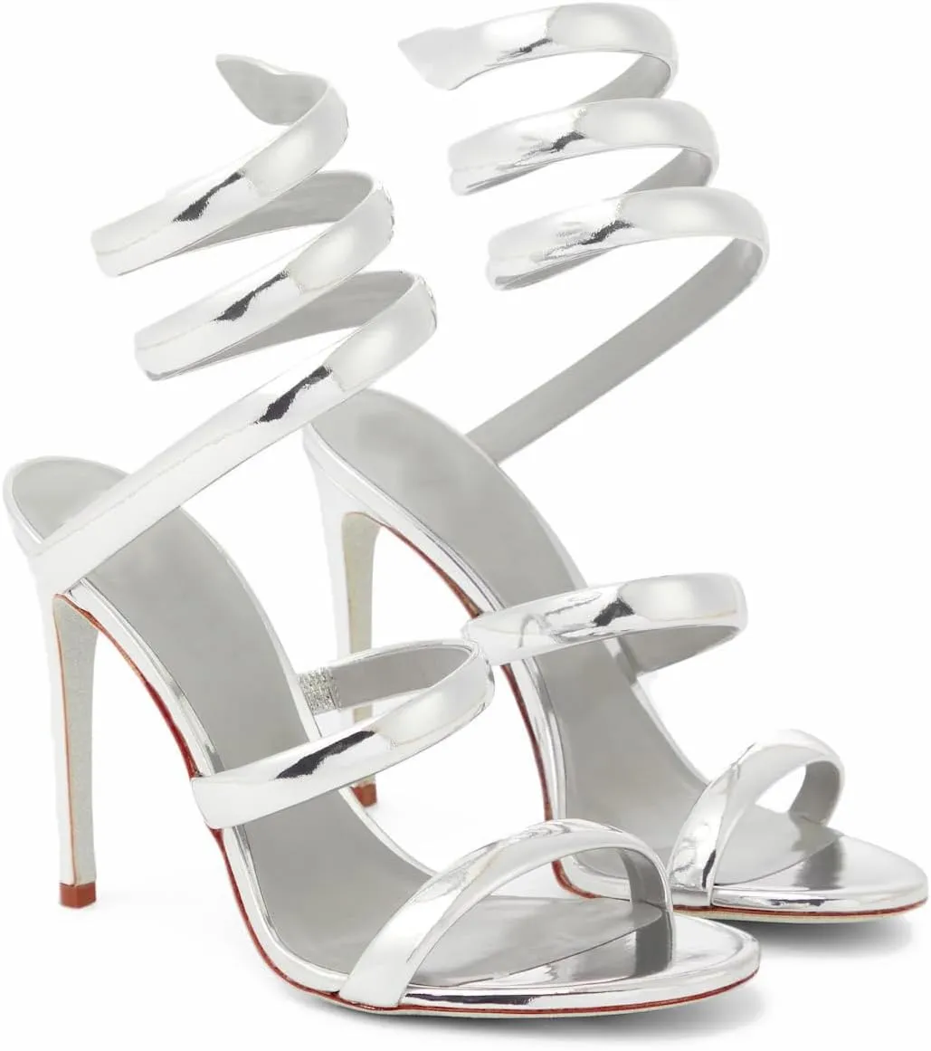 Strappy Heeled Sandals Spiral Ankle Wrap Strap Stilletos Sexy High Heel Gladiator Party Shoes Open Round Toe Lace Up Dressy Pumps