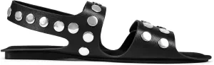 Studded Flats Sandals for Women Open Toe Backless Slide Sandals Adjustable Double Strap Shoes with Hidden Button Slip On Comfortable Casual Summer
