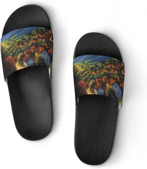 Sunset Village Scenery Funny House Sandals Non Slip Shower Slippers Quick Drying Bathroom Shoes for Women Men